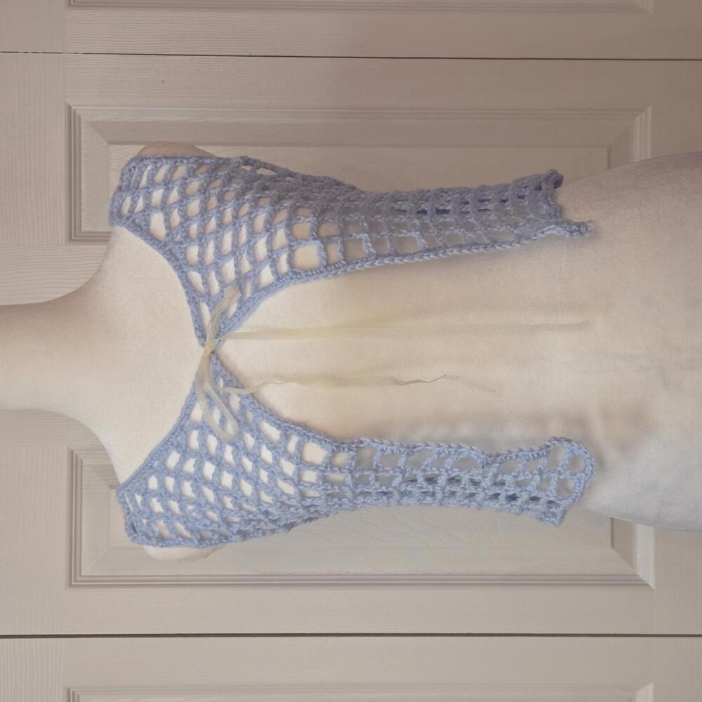 Baby Blue Crochet Cardigan Handmade Size XS Y2K Beach Fairy Boho Open-Knit Vest